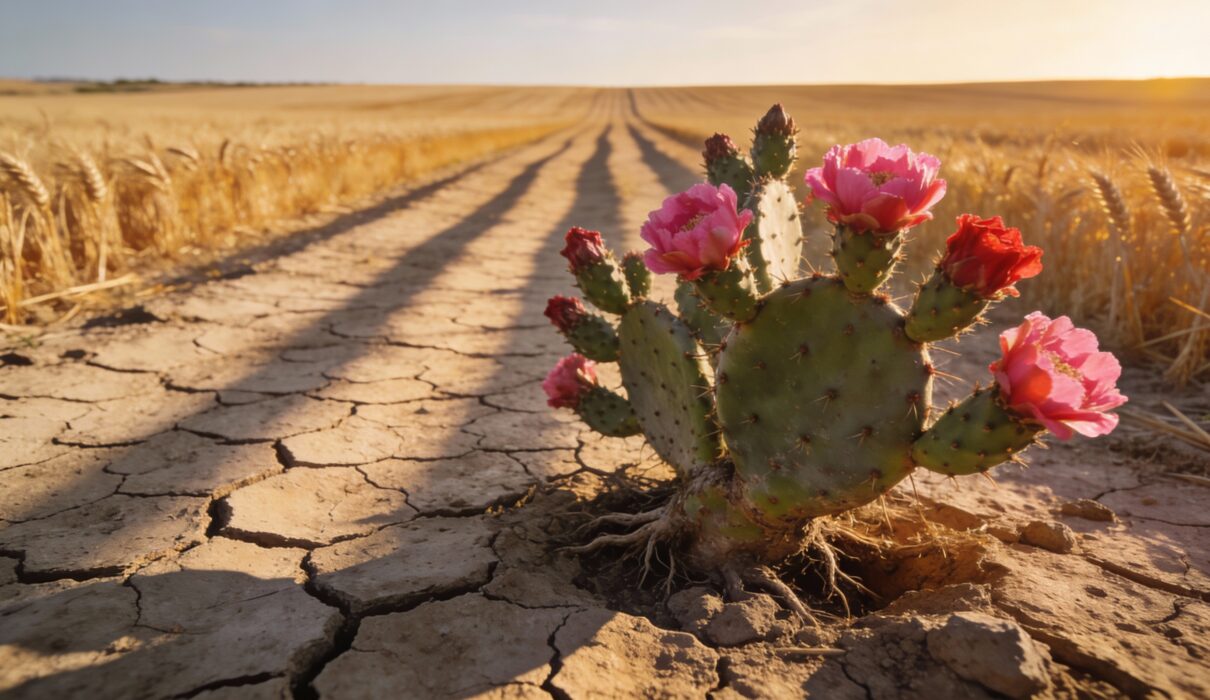 Cactus fiorito nel Tavoliere delle Puglie con terra arida e luce al tramonto