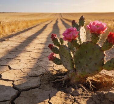 Cactus fiorito nel Tavoliere delle Puglie con terra arida e luce al tramonto