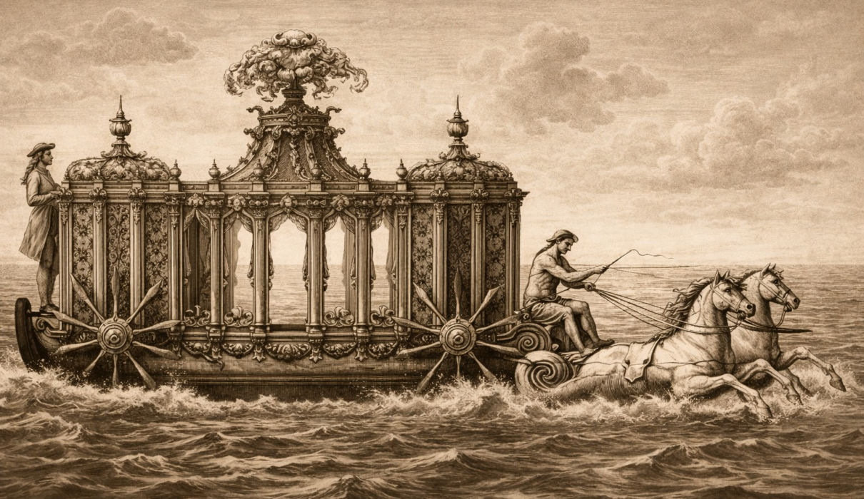 Illustrazione artistica in stile incisione antica della Carrozza Marittima di Raimondo di Sangro che solca le onde, trainata da cavalli.