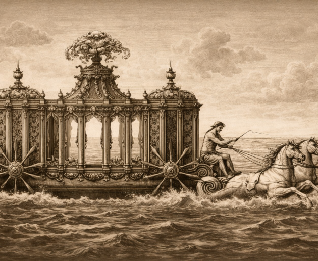 Illustrazione artistica in stile incisione antica della Carrozza Marittima di Raimondo di Sangro che solca le onde, trainata da cavalli.