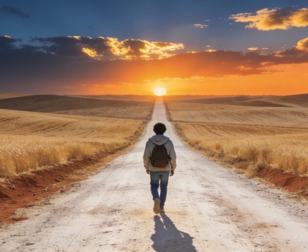 Giovane di spalle che cammina su una strada sterrata nel Tavoliere al tramonto - migrazione giovanile dal Sud