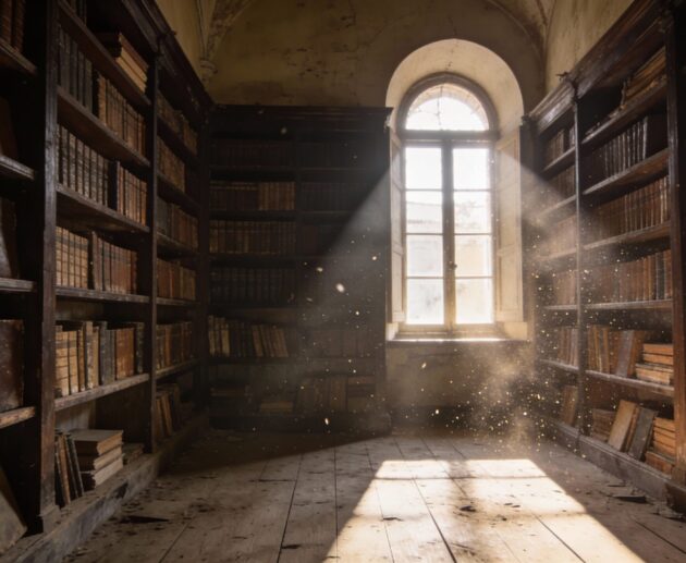 Scaffali di biblioteca antica con libri polverosi e luce che filtra dalla finestra - biblioteche dimenticate San Severo Lucera