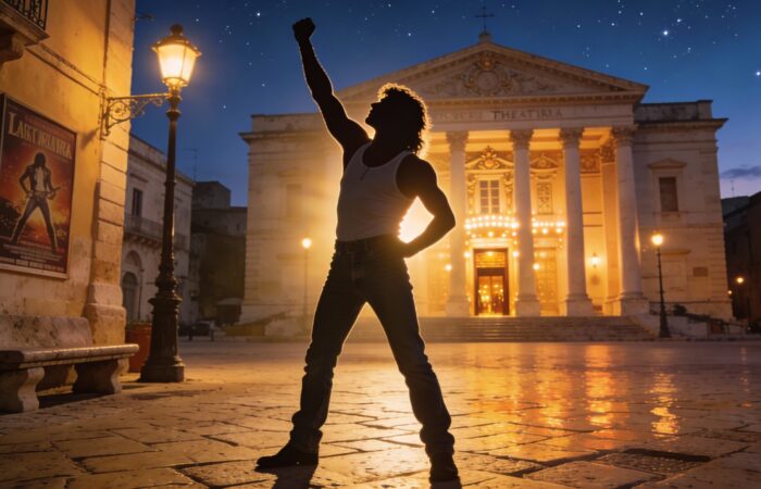 Silhouette cantante rock posa iconica davanti Teatro Verdi San Severo sera - Queen in Symphony