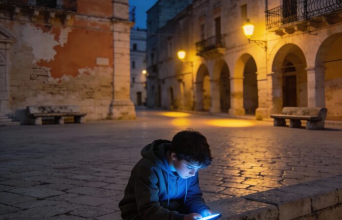 Ragazzo solo in piazza pugliese al crepuscolo illuminato da smartphone - nichilismo giovanile