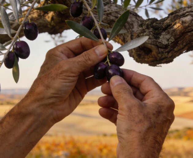 Mani che raccolgono olive nere da un ulivo antico con colline del Tavoliere sullo sfondo - raccolta Peranzana tradizionale